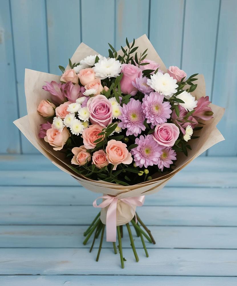 Букет цветов из: Хризантемы, Розы и Альстромерии в Рыбном