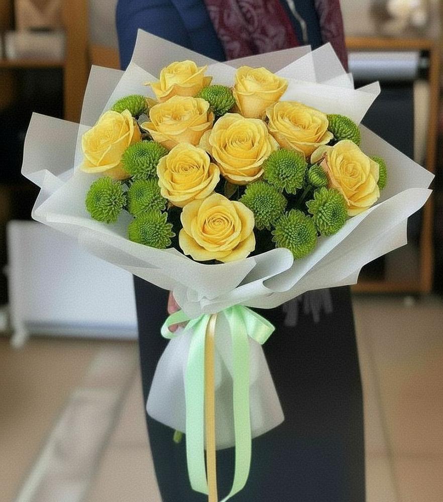 Букет цветов из: Хризантемы и Розы в Рыбном