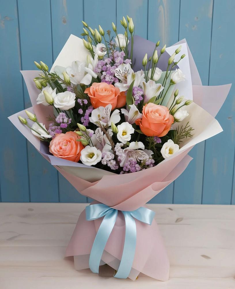 Букет цветов из: Лизиантусы, Розы, Альстромерии и Гипсофила в Рыбном