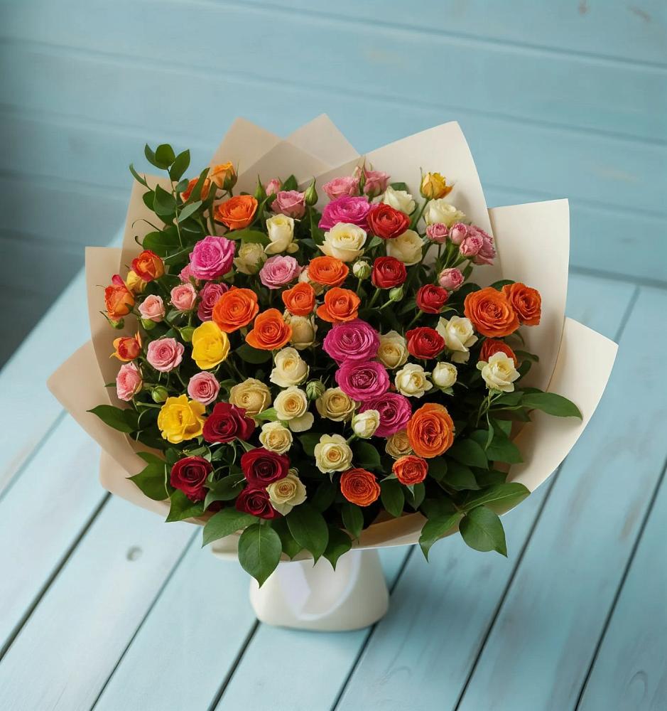Букет Микс из разноцветных кустовых роз в Рыбном
