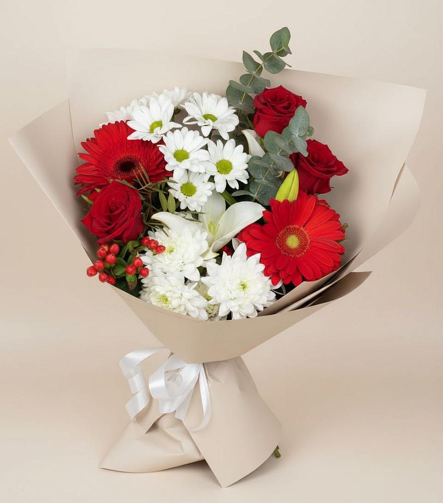 Букет цветов из: Розы, Хризантемы, Герберы и Лилии в Рыбном