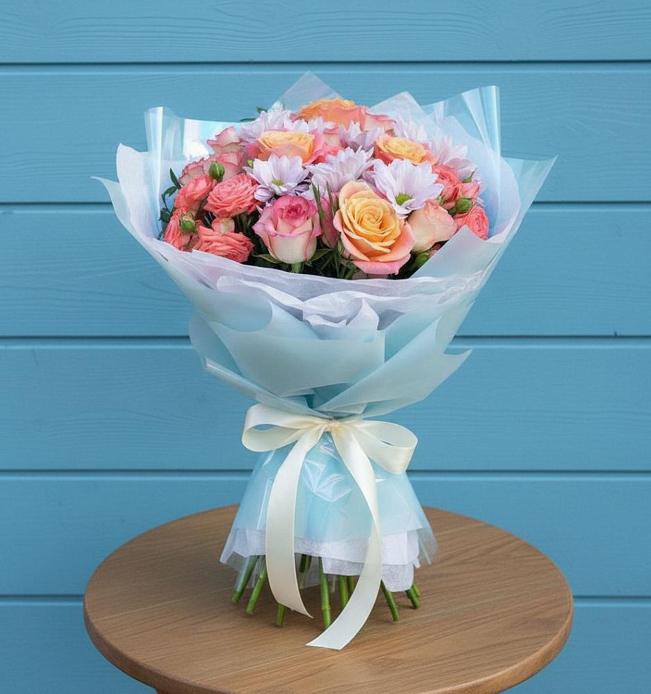 Букет цветов из: Хризантемы и Розы в Рыбном