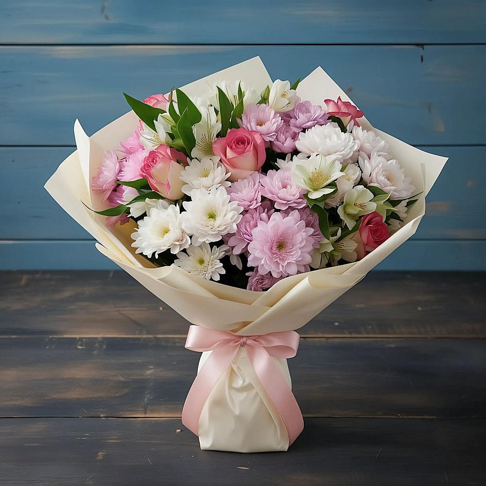 Букет цветов из: Хризантемы, Альстромерии и Розы в Рыбном